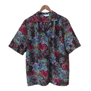 Vintage Sara Stephen colorful jewel tones printed blouse size medium